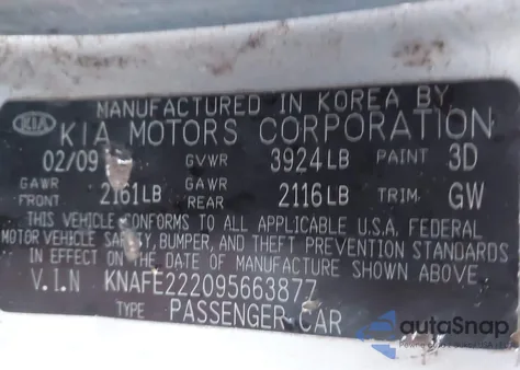 2009 Kia Spectra Ex from USA, damaged, VIN KNAFE222095663877